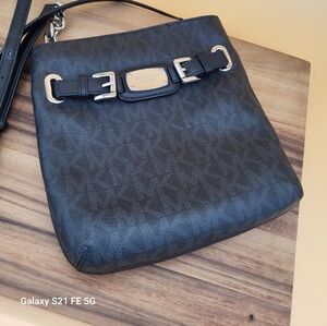 Michael Kors Signature Black Logo Crossbody Bag w/Adj Strap & Silver Hardware